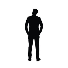 Silhouette of a man standing casually with head tilted, hands in pockets, relaxed and thoughtful.