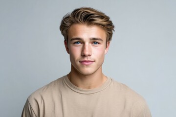 Caucasian young male with blonde hair and blue eyes in casual beige t-shirt