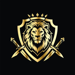Obraz premium Lion head coat of arms with golden shield, crossed arrows and crown. Heraldic vector design element. Retro style label, heraldry logo. Luxury lion head logo template.