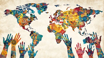 Naklejka premium Colorful World Map with Hands Reaching Upwards for Unity and Diversity
