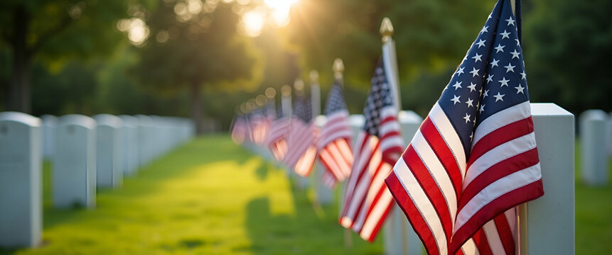 Elegant commemorative visuals featuring flag tributes at military cemeteries with refined settings solemn displays and respectful patriotic symbolism in  Photo Stock  Concept  and empty space on the l