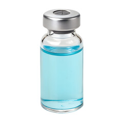 Transparent glass vial filled with light blue liquid and sealed with a silver aluminum cap, clean and sterile design, isolated on transparent background