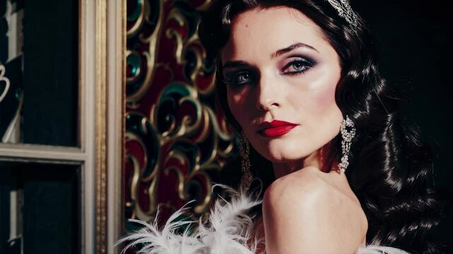 Retro glam woman with vintage makeup and jewelry, perfect for luxury ads or editorial spreads
