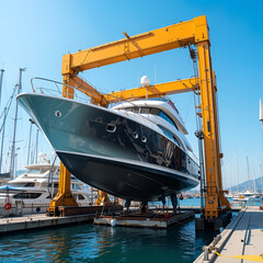 Large empty mobile boat travel lift in a harbour under a blue sky. Yacht Service in a yacht marina. Lifts large boats for maintenance, repaint and refitting.