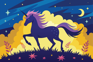 Silhouette of a Mystical Unicorn Galloping Across a Tranquil Meadow