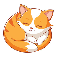 A sweet orange and white kitten curled up in a peaceful slumber with white background.