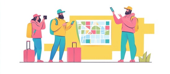 Tourists using map and smartphones at information center