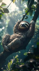 Fototapeta premium Lazy sloth in lush green forest