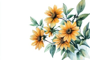 Watercolor painting of a cluster of golden yellow flowers and green leaves