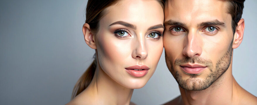 Graceful portraits of a woman and a man with glowing skin and natural makeup. A concept suitable for beauty and skincare promotions.
 - Powered by Adobe