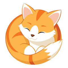A sweet orange and white kitten curled up in a peaceful slumber with white background.