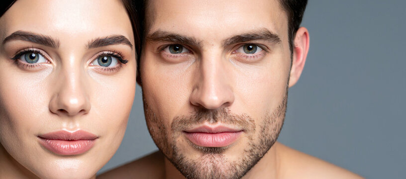Graceful portraits of a woman and a man with glowing skin and natural makeup. A concept suitable for beauty and skincare promotions.
