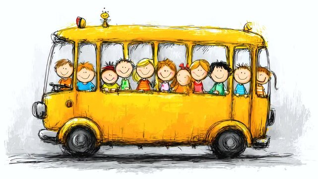 Happy smiling children and kids riding yellow school bus vehicle, cartoon style with cheerful kids inside school bus on white background