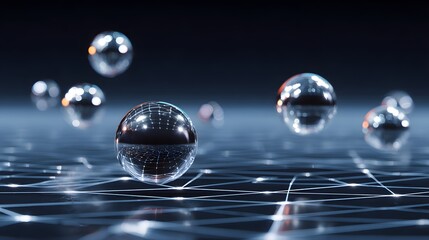 Floating atoms in precise crystalline formation suspended against an abstract quantum grid background, representing scientific innovation, atomic structure, and minimal breakthrough in futuristic