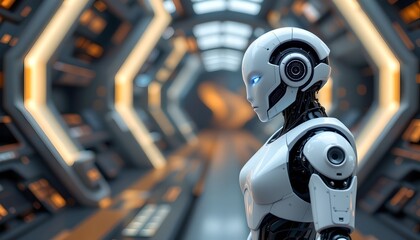 Fototapeta premium Sleek white humanoid robot standing in a modern room with a futuristic design aesthetic