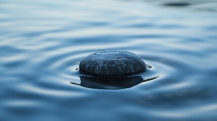 Dark stone floating on calm blue water serenity and tranquility concept