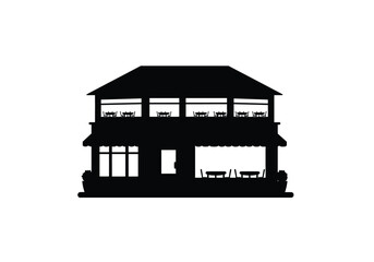Restaurant silhouette. This image shows a black restaurant silhouette, a two-story building with tables visible on both levels. Vector clipart illustration design.