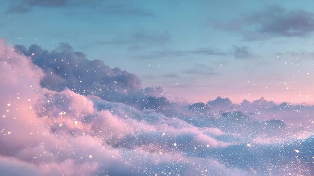 Pink and blue pastel sky with sparkling glitter particles floating over fluffy clouds. Dreamy, ethereal atmosphere. Soft lighting creates a magical, serene mood.