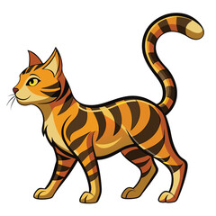 A tabby cat with a short, curved tail is captured mid-stride in profile  with white background.