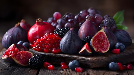 Assortment of vibrant purple and red fruits arranged on rustic wooden table, showcasing rich anthocyanin content in natural composition with healthy superfoods, antioxidants, and organic textures