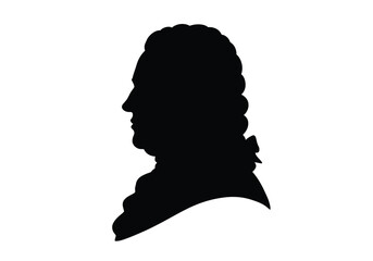 Bach silhouette. This image shows a silhouette profile of Johann Sebastian Bach, a famous classical composer, depicted in black and white. Vector clipart illustration design.