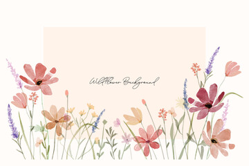 Spring colorful wildflowers watercolor botanical frame background. Spring and summer Background watercolor arrangements with small flower. Botanical illustration minimal style.
