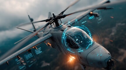 Futuristic military helicopter in flight, advanced cockpit displays