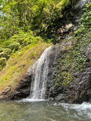 Waterfall in tropical rainforest flows over black rock cliffs
