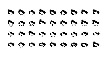 Collection of weather web icons in black and white color style. Weather, clouds, clear day, moon, sun, lightning, snowflakes, wind, clear day. Vector illustration.