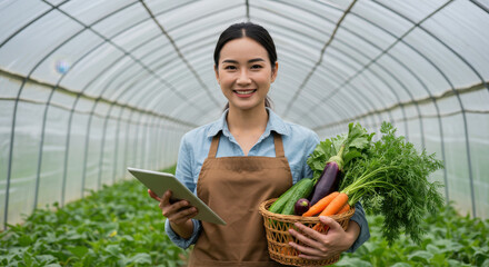 Fresh Harvest: Woman Farmer in Greenhouse with Vegetables & Tablet - Sustainable Agriculture, Local Produce & Technology