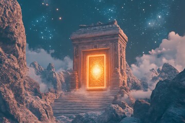 Mythology inspired fantasy landscape featuring ancient ruins misty mountains a glowing portal under a starry sky evoking epic tales and legendary adventures