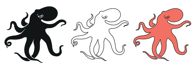 Octopus vector. Vectors isolated on white background. Solid, line and colorful style. Seafood illustration for graphic design, web, logo, mobile, menus, banners, posters, promotions, icons, symbols.