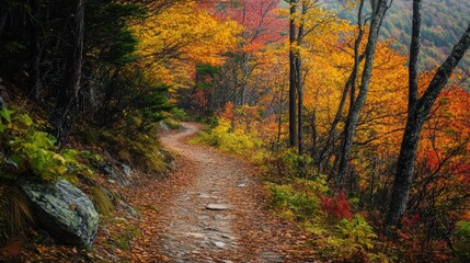 Obraz premium Autumnal path winding through colorful mountain forest.