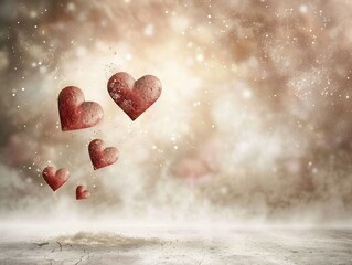 Obraz premium Romantic heart-shaped objects floating over a textured surface, evoking a winter or snowy background