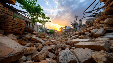 Deteriorating building structure after powerful earthquake causing significant damage