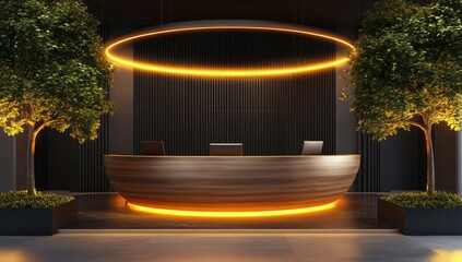 Modern hotel reception with warm lights.
