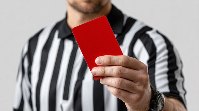 Close-up of referee raising red card with intent, striped shirt detail visible, referee niche Image 4K UHD