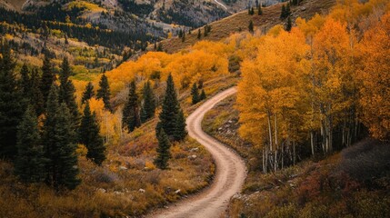 Naklejka premium Winding dirt road through autumn foliage in a mountain valley.