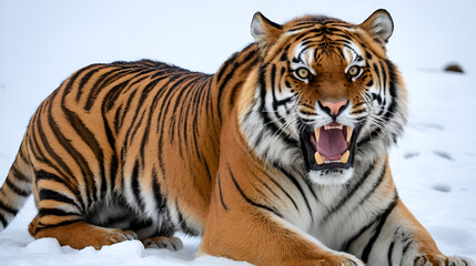 Obraz premium Retrato impactante de un tigre siberiano con el pelaje mojado, rugiendo con intensidad y mostrando su poderosa dentadura