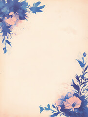 Delicate watercolor floral design. Soft peach background with blue and pink flowers in corners. Perfect for invitations, cards, or scrapbook pages.