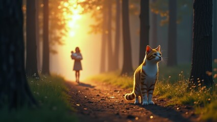 Serene woodland scene with a curious tiger kitten and warm sunset glow