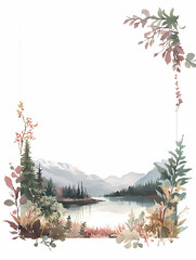 Serene watercolor landscape painting featuring a tranquil lake nestled among majestic mountains and framed by delicate botanical elements. Perfect for invitation or print design.