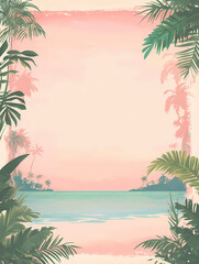 Tranquil tropical beach scene, framed by lush palm leaves, pastel pink sunset sky, and turquoise ocean. Perfect for summer vacation or travel themed projects.