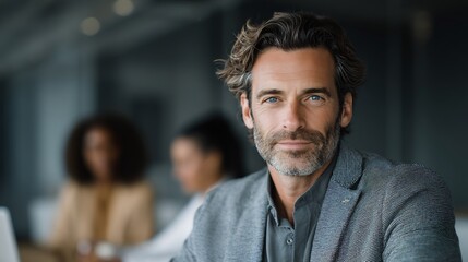 Confident executive portrait in modern office setting with diverse team