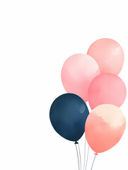 Pastel pink and navy blue balloons float against a white background. A festive and cheerful image perfect for celebrations.