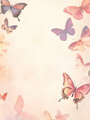 Pastel-colored butterflies flutter on a soft, dreamy background, creating a serene and whimsical scene.