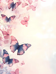 Pink and purple butterflies flutter amidst a soft, dreamy floral backdrop. A delicate and enchanting scene.