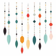 Colorful abstract hanging decorations. Geometric shapes and beads on strings. Mid-century modern style. Perfect for home decor, print, or web.
