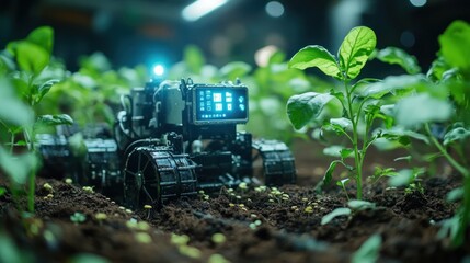 Agricultural Robot Amidst Lush Green Plants: Future of Farming