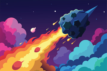Silhouette of an Asteroid Soaring Through a Vibrant Nebula